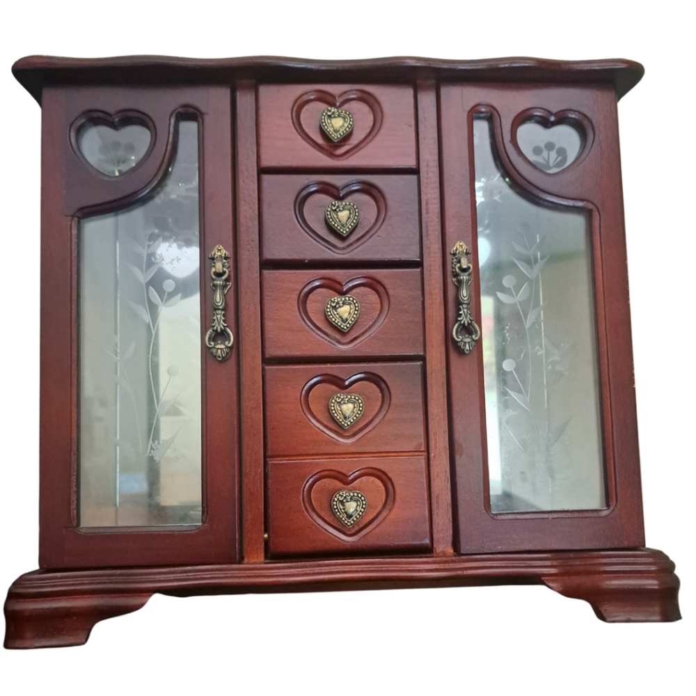 Vintage-Style Wooden Jewelry Box with Glass Doors & Heart Details
